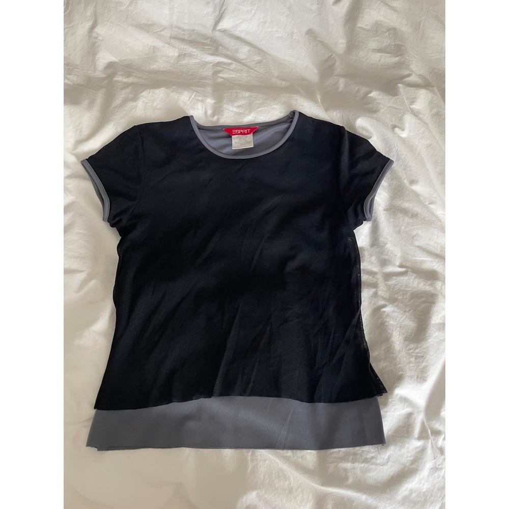 Vintage Esprit Double Layer Short Sleeve Grey Black 90s Y2K Style Top Size Med